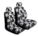 Set of 2 Universal-Fit Hawaiian Hibiscus Floral Print Low Back Front Bucket Seat Cover With Separate Headrest Cover - Charcoal
