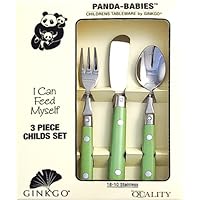 Ginkgo Panda Babies 3-Piece Stainless Steel Childs Flatware Set, Spring Green