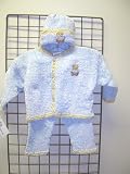 Cpk3, Knitted on Hand Knitting Machine Then Finished By Hand Crochet Infant Boys Outfit, Containing Blue Chenille with Beige Chenille Trim Cardigan Sweater, Pant Hat Set .