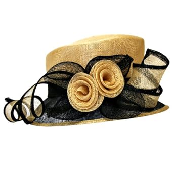 Black & Tan Fancy Church Hat With Flowers & Ribbon