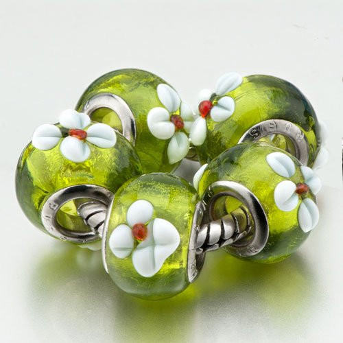 Pugster White Flower Green Murano Glass Beads (5 Pack )- Fit Pandora Charms (include Bracelet)