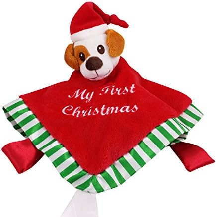 Baby's First Christmas Security Blanket with Gift Bag Soft Cuddle Bud,Plush Toy with Puppy Head Unisex Super Cuddly Plush &amp; Satin Red Lovey for Babies &amp; Toddlers.