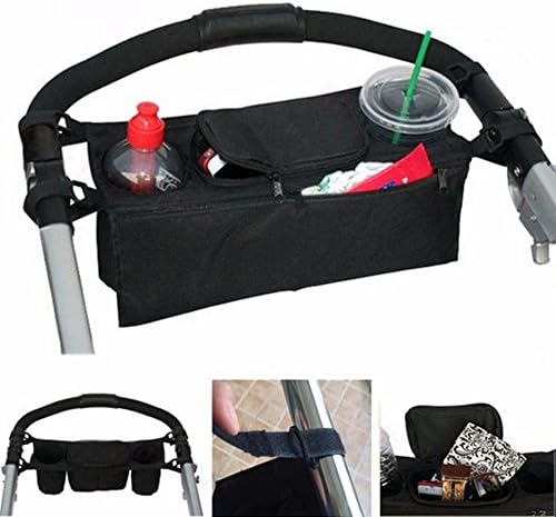 Universal Stroller Organizer Bag,TTTK Pushchair Safe Console [Hanging Storage Pouch] with [2 Cup Holder Pockets] [Zippered Front Pocket] Durable Adjustable Tray Stroller Accessories for most Strollers