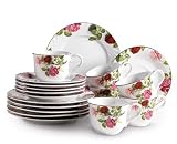 Domestic 688847 Porzellan Kaffeeservice 18-teilig mit je 6 Tassen, Untertassen, Dessertteller und Rosendekor