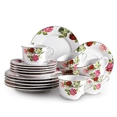 Domestic 688847 Porzellan Kaffeeservice 18-teilig mit je 6 Tassen, Untertassen, Dessertteller und Rosendekor