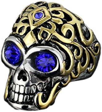 Mikiy Men's Punk Style Talmi Gold Skull Decor with Blue Zircon Titanium Steel Ring(with Gift Box/Bag)(11)