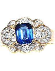 18K Yellow Gold Diamond and Emerald Cut Blue Sapphire Ring [RF0015]
