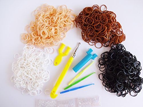 1200 Room band LoomBands black, white, brown, skin color (4-color ~ 300) Metal Deluxe Crochet clear S hook 50 Crochet three simple knitting machine with one