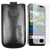 BUGATTI Leder Tasche iPhone 4 4S Ledertasche mit Gürtelschlaufe / Lasche mit Rückzugfunktion + mumbi iPhone Displayschutzfolie