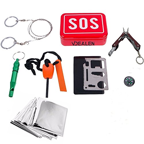 Vdealen SOS Outdoor Survival Kit Gear Set,including Outdoor Whistle, Fire Starter,Wire Saw ,Small Pliers,Compass,11 Function Multi Tool, Survival Blanket