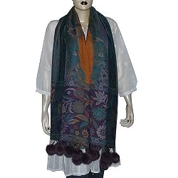 Wool Long Scarf Ladies Winter Clothes Handcrafted Gift Dress from India with Pom-Pom 28 x 72 inches (jstl335)