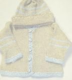 Ck95, Knitted on Hand Knitting Machine Finished By Hand Crochet Beige Chenille Blue Stripe Infant Boys Cardigan Hat Set Trimmed with Light Blue Footballs