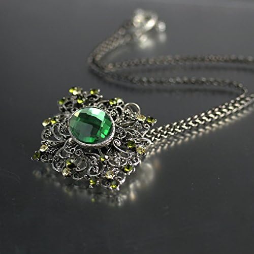 Up-Cycled Vintage Victorian Style Green Glass Pendant on Sterling Silver Wheat Chain by Jill McCrystal Jewelry