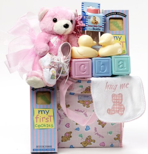 Sweet Baby Girl Diaper Bag with Teddy Bear Gift Basket - PINK Sweet Baby Girl Diaper Bag with Teddy Bear Gift Basket - PINK
