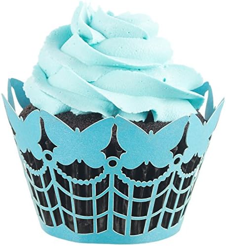 Butterfly Cupcake Wrappers x 50pcs in shimmering blue. 3 styles of butterflies to make your wedding or birthday occasion special. (Blue Fence)