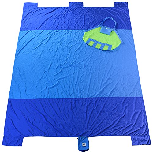 Large Beach Blanket Mat - Sand Proof, Windproof, Oversized (7 Ft×9 Ft), Lightweight, Perfect for Family + Mesh Beach Bag for Toys. Quick Drying, with 5 Sets of Sand Anchors, Made from Strong Parachute Nylon.