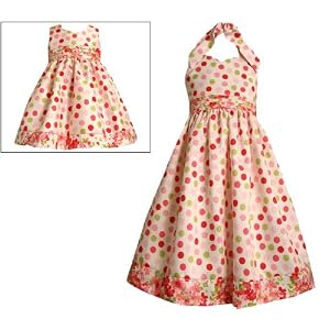 Bonnie Jean Girls 7-16 IVORY PINK-RED-GREEN MULTI DOT FLORAL BORDER SHANTUNG Special Occasion Wedding Flower Girl Birthday Easter Party Dress