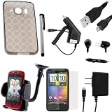 GTMax 8 pc Accessory Bundle Kit for HTC Inspire 4G/Desire HD - Combo Set Includes: Flexible Soft Skin Gel Case (Smoke Circles) + Screen Protector + Earbud w/Mic + Windshield Mount + Car & Home Wall Chargers + Data Cable + Stylus Pen