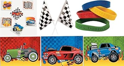 120 Pc Kid's Race Car Party Favor Bundle Pack (72 Tattoos, 12 Bracelets, 12 Sticker Sheets, 24 Checkered Racing Flags)