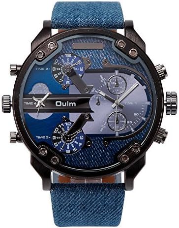 Oulm Men Big Dial Military Dual Time Stainless Steel Back Quartz Sport Wrist Watch Denim Blue