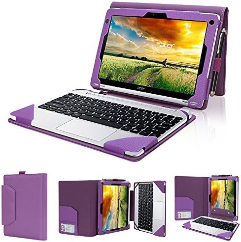 Evecase Acer Aspire Switch 10 SW5-012 / SW5-011 Case, 2-in-1 Leather Keyboard Portfolio Stand Case Cover - Purple + Neoprene Handle Sleeve
