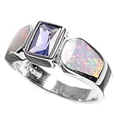 Sterling Silver 8mm Blue Sapphire Lab Opal Ring (Size 6 - 9)