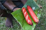 canvas Sausages on banana leaf. in size: 100 x 70 cm by P. Solness