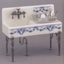 Reutter Porcelain Miniature Kitchen Sink with Blue Flowers