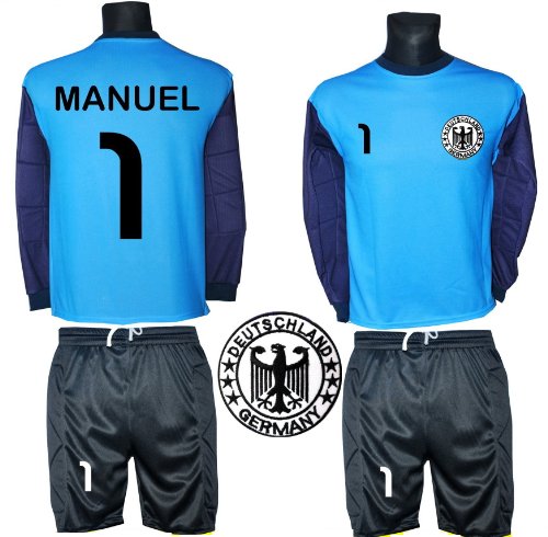 Deutschland Torwart Trikot “Modell T222” mit kurzer TW Hose-beide Artikel gepolstert-gesticktes Trikot Wappen-Ihre Wunschbeschriftung+Wunschzahl inclusive-Größen:128-134-140-146-152-158-S-M (146)