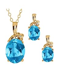 5.87 Ct Oval Swiss Blue Topaz Gemstone 14k Yellow Gold Pendant Earrings Set