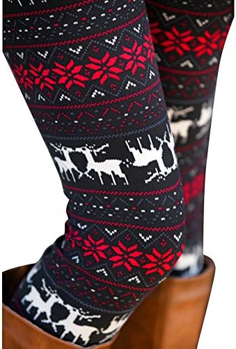 Fairyler Women Printed Stretchy Stripe Tribal Full Length Basic Leggings (Red-deer)