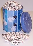 Scott's Cakes Yogurt Pretzels with Christmas Color Non-Pareils in a Blue Snowman Can