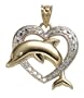 14k Yellow Gold and Rhodium Diamond-cut Faux Heart w/ Dolphin Charm