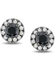 Sterling Silver White and Black Diamond Stud Earrings (0.0599 Cttw, G-H Color, I2-I3 Clarity)