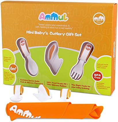 Ammul Mini Baby's Cutlery Gift Set Baby Training Fork &amp; Spoon &amp; Knife for toddlers feeding (Orange)