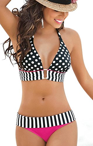 Niveltm Sexy Boho 2pcs Set Polka Dots Striped Halterneck Swimwear