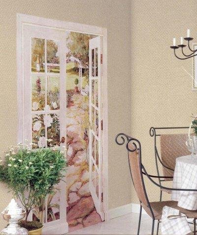Trompe L' Oeil French Doors Window Wallpaper Wall Mural Garden Path Trellis Yard Pot Flower Floral Meadow Field Bushes Country