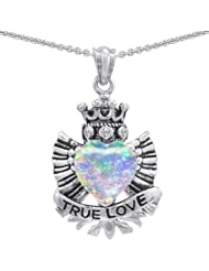 Genuine TRUE LOVE (tm) 925 Sterling Silver Created Opal Heart With Crown and Angel Wings Pendant