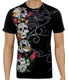 Ring of Fire Skulls and Red Roses 100% Cotton Adult T-Shirt