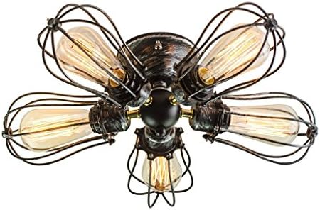 EdiMoM Brand; 5 Lights Industrial Barn Metal Flush Mount Ceiling Light Max 300W, Black And Sliver Finish