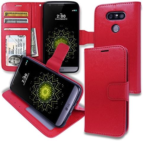 LG G5 [ Wallet ] Case, LG G5 Soft Leather Flip Diary Cover with [ Foldable Stand ] Pockets for ID, Credit Cards, Cash, Kickstand Features (Red)