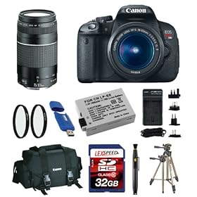 Canon EOS Rebel T4i Digital Camera with EF-S 18-55mm f/3.5-5.6 IS II Lens + Canon EF 75-300mm f/4-5.6 III Telephoto Zoom Lens + Canon Deluxe Gadget Bag + LexSpeed 32GB Class 10 Memory Card + Spare Battery + UV Filters + Travel Charger + Cleaning Kit