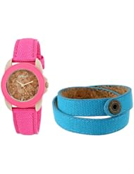 Sprout Womens ST/1064PKBLST Pink Organic Cotton Strap Watch and Cork Bracelet Set
