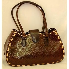 Buy Beautiful Brown Embossed Leather Shoulder Tote Bag with Checkered Patterns by Utsav