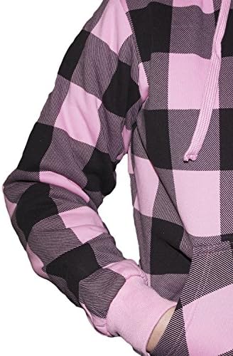 Pink Purple Plaid Checkered Soft Fur Lined Zip Up Hoodie Jacket Kangaroo Pockets (Small, Light Pink)