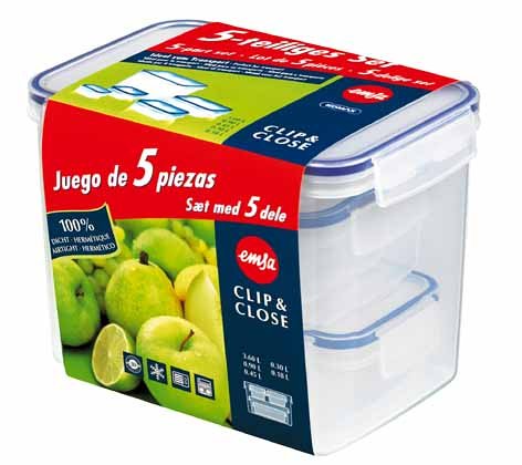 Emsa CLIP & CLOSE Frischhalte-Set 503506, 5-teilig (0,18L, 0,3L, 0,45L, 0,9L, 3,6L)