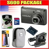 cheap Nikon Coolpix S600 Digital Camera, Nikon 2 Year Extended Warranty, 4 GB SD Memory Card ,USB 2.0 SDHC Memory Card Reader, Nikon Coolpix Case, Additional EN-EL10 Battery, Battery Charger with Vehicle Adapter, LCD Screen Protectors, and Cleaning Kit.