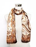 Satin Hand Sewn Brown Gold Paisley/Animal Print on Ivory - Silk Long Scarf 15