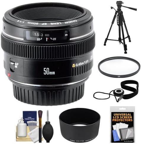 Canon EF 50mm f/1.4 USM Lens + UV Filter + ES-71II Hood + Tripod + Accessory Kit for Canon EOS 60D, 7D, 5D Mark II III, Rebel T3, T3i, T4i Digital SLR Cameras