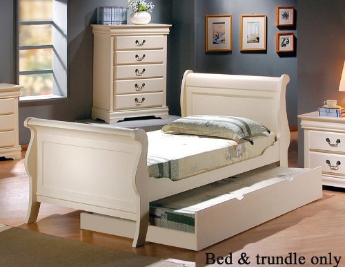 Twin Size Sleigh Bed with Trundle in White Finish